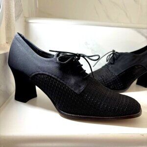 Amalfi (7.5 B) Elegant Italian Black Mesh Oxford Square Toe Lace Up Heels